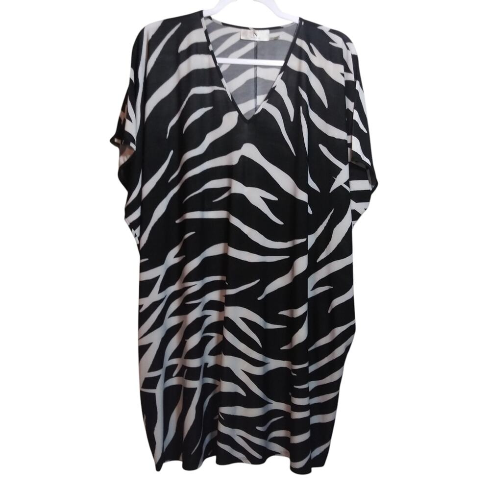 Natori Black and White Zebra-Print Caftan Swim Coverup Tunic Size XS